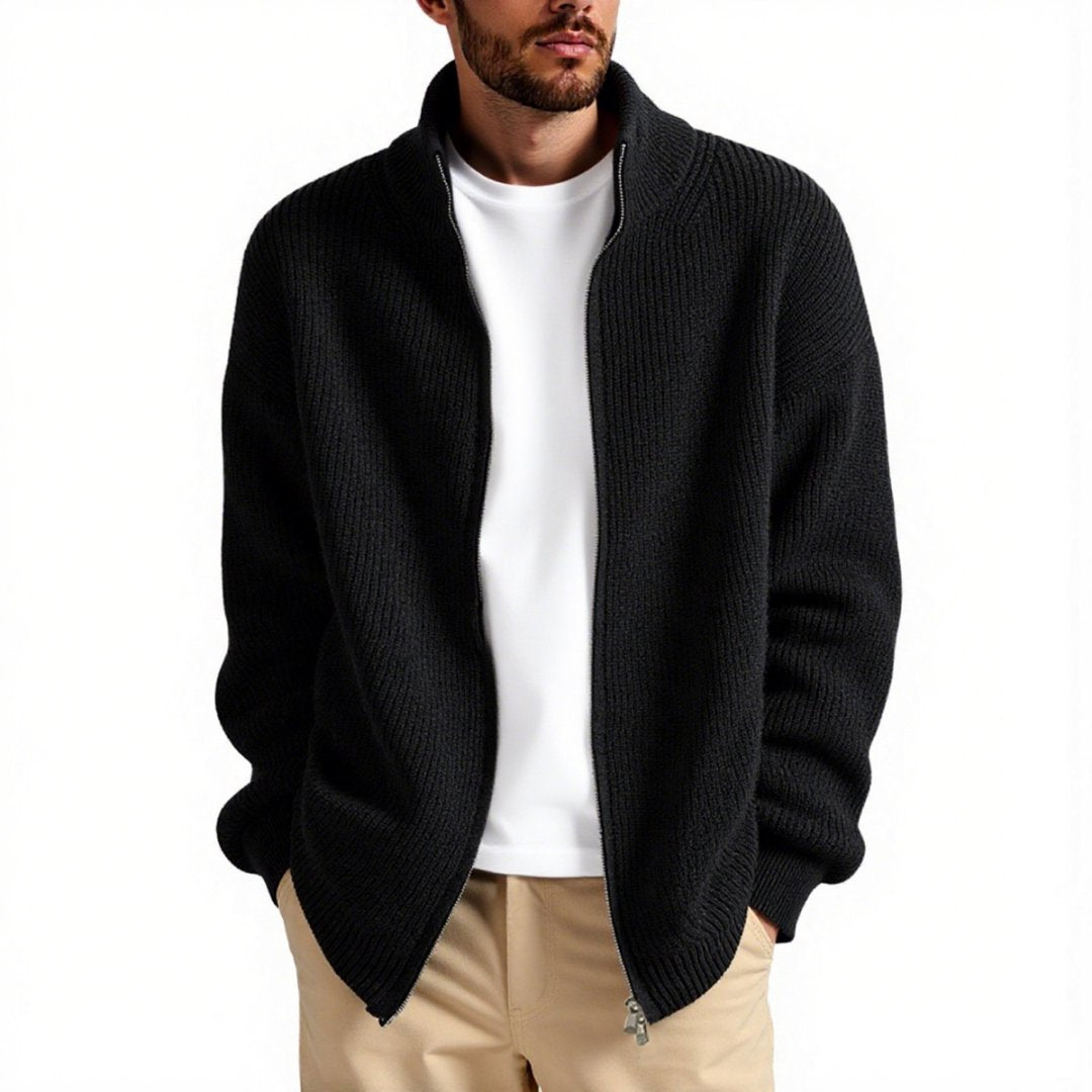 Versatile men's knitted high collar cardigan functioning as a zipper jacket, ideal for layering and casual style.