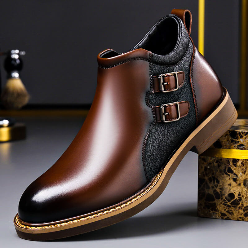 Men's stylish black leather ankle boots with double buckle detail