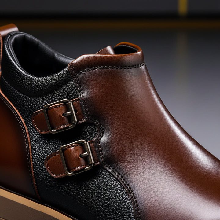 Close-up of men's dress boots showcasing premium leather and double buckles