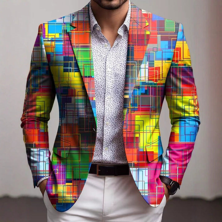 Men's stylish black slim fit blazer with unique geometric print, perfect for parties or business casual events.