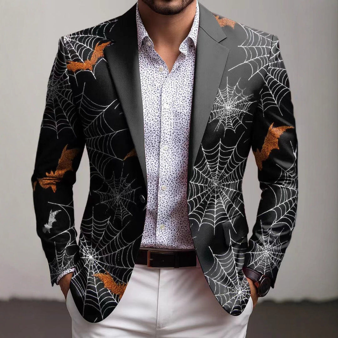 Modern men's geometric print blazer jacket in slim fit, ideal for formal wear, weddings, or a stylish party look.