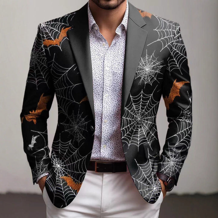 Modern men's geometric print blazer jacket in slim fit, ideal for formal wear, weddings, or a stylish party look.