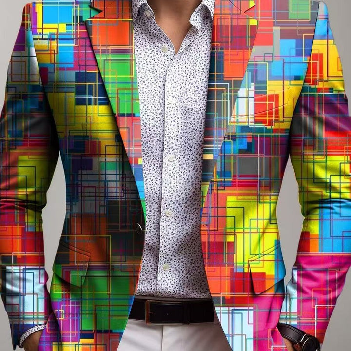 Black men's slim fit blazer featuring a bold geometric print, a unique stylish jacket for modern fashion outfits.
