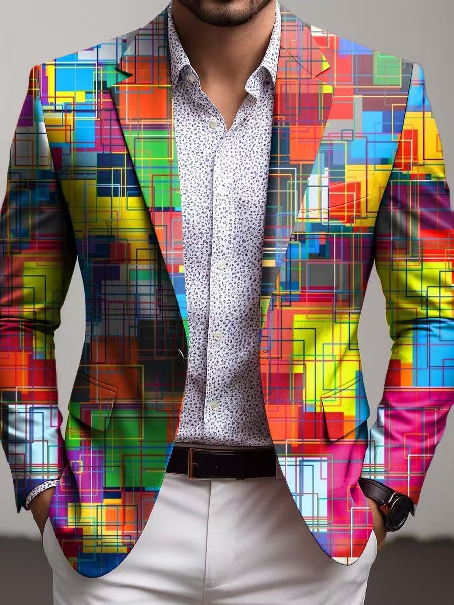 Stylish men's slim fit geometric print blazer jacket, a versatile formal wear option for business casual and parties.