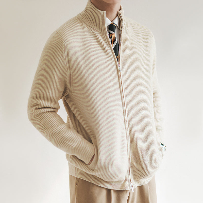 Slim fit men's textured zip cardigan sweater. Versatile outerwear for smart casual & casual layering.