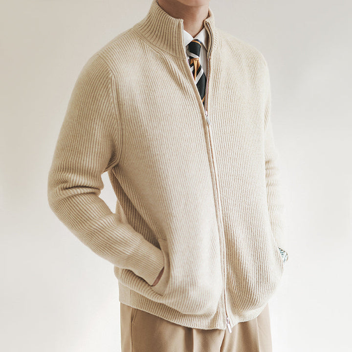 Slim fit men's textured zip cardigan sweater. Versatile outerwear for smart casual & casual layering.