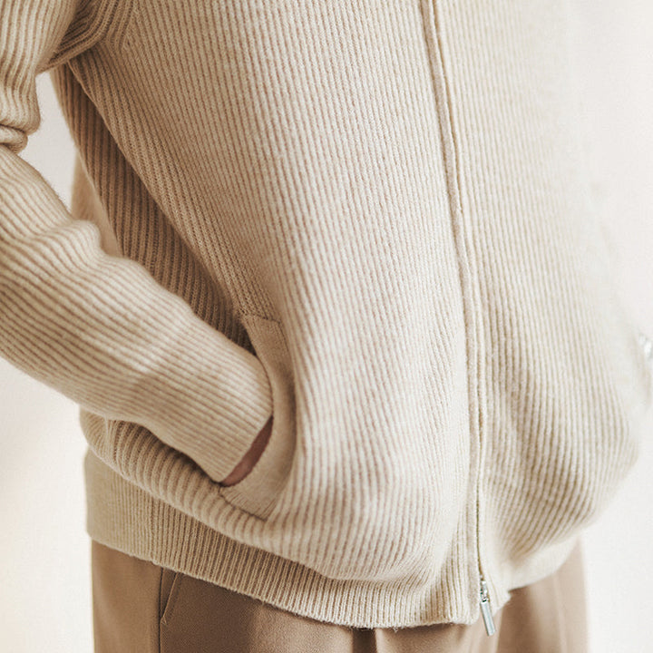 Versatile men's slim fit zip cardigan with textured design. Ideal as a casual sweater or smart casual outerwear.