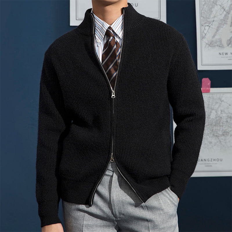 Men's full-zip textured cardigan with stand collar. Slim fit sweater for stylish smart casual layering.
