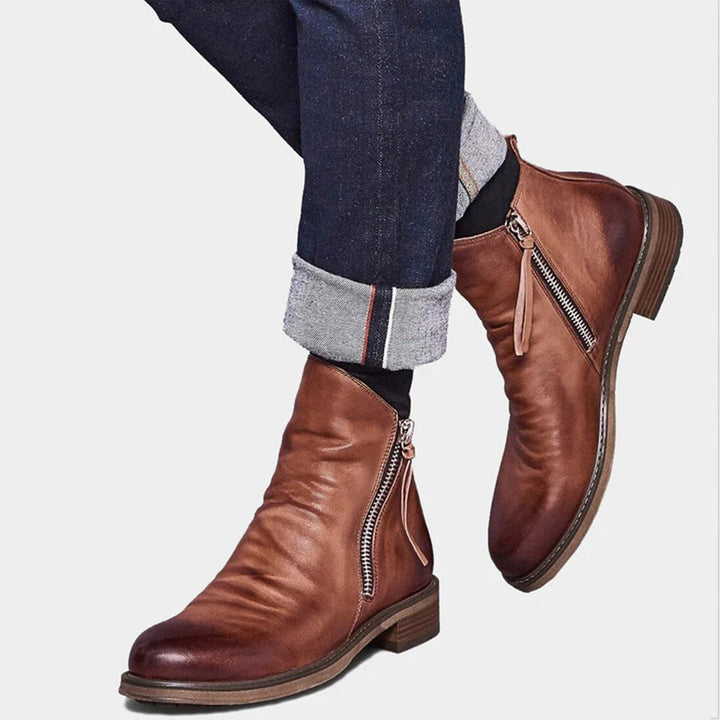 Versatile men's zipper boots; perfect for casual everyday wear or elegant dress occasions.