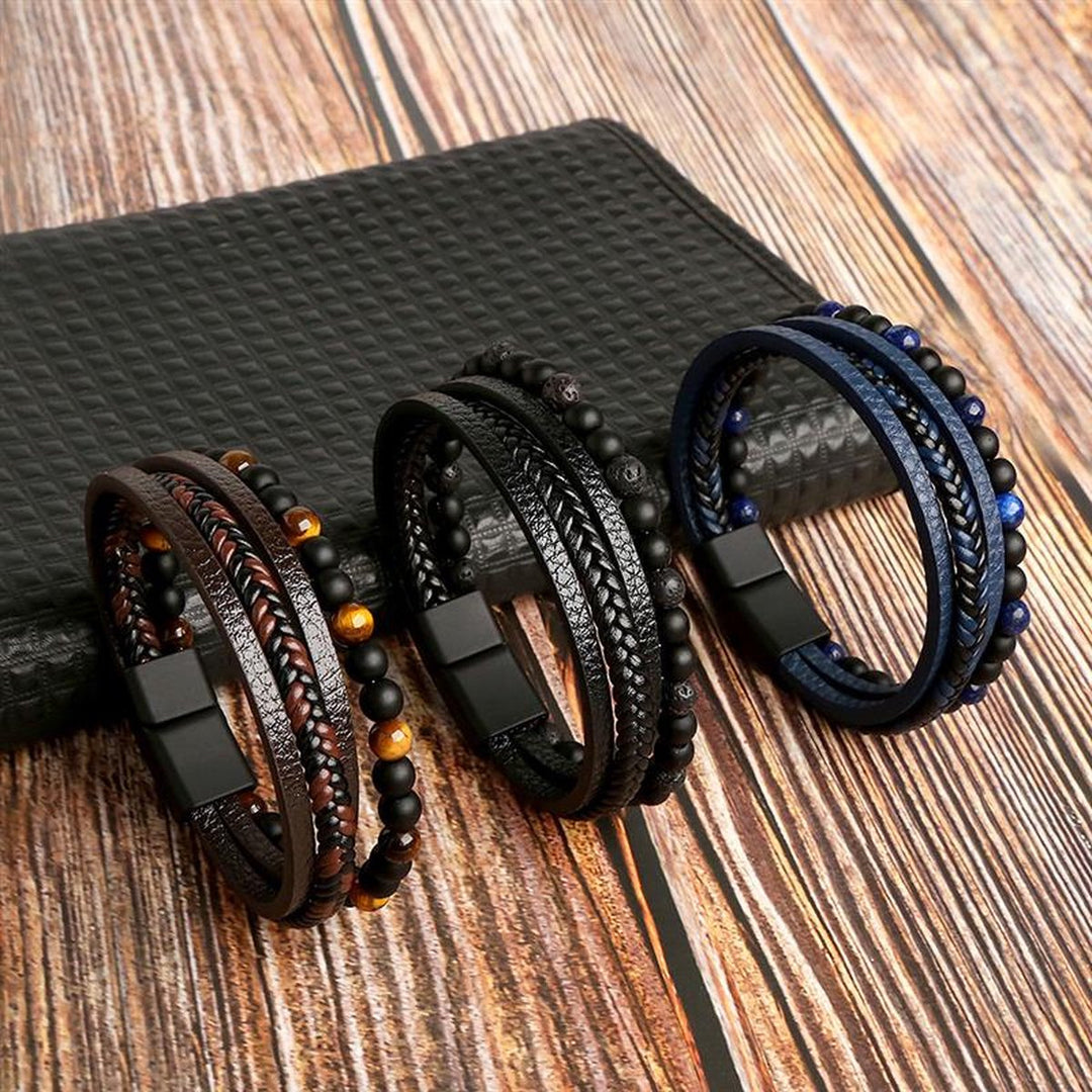 Close-up of a men's stylish bracelet set, showcasing stackable, modern wristwear for contemporary men's fashion.
