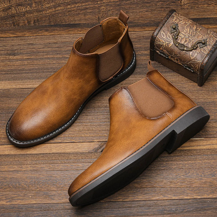 Men's stylish brown leather ankle boots, comfortable for all-day wear & modern fashion.
