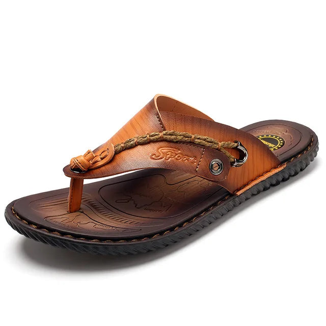 New men's fashion leather flip-flops, great for beach or casual summer outings. Comfortable & stylish sandals.