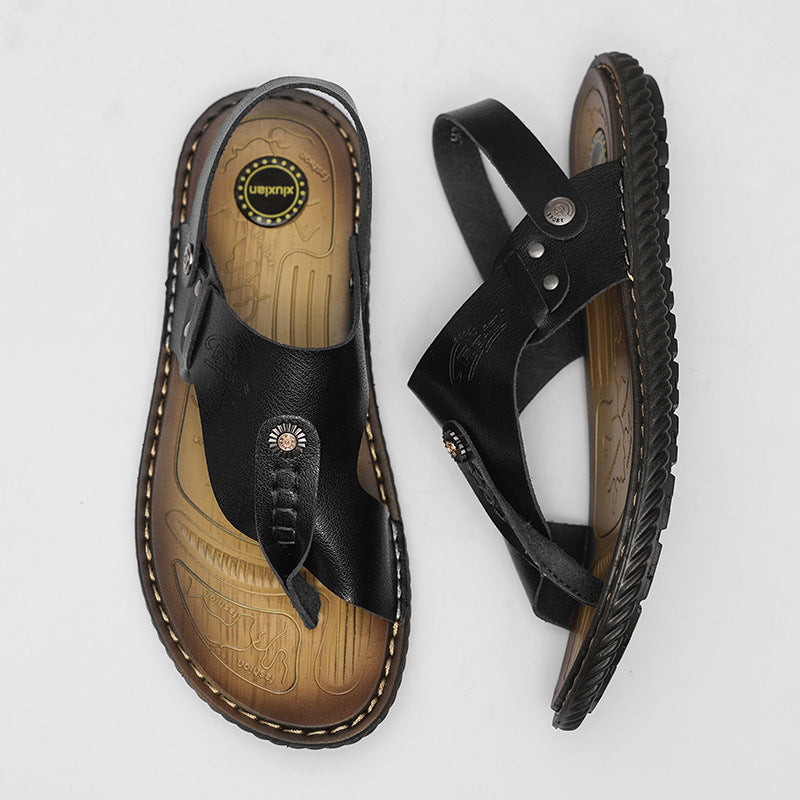 Men's stylish brown leather flip-flops. Comfortable, durable summer footwear & beach sandals for men's fashion.