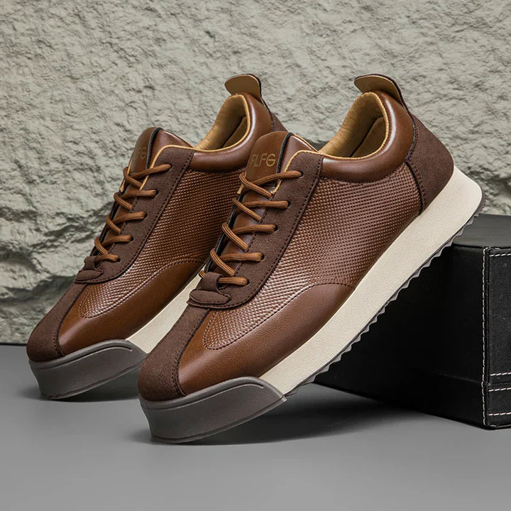 Men's stylish brown leather lace-up trainers with comfortable cushioned sole