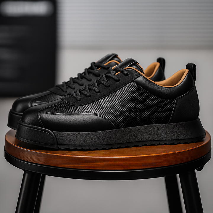 Man wearing smart casual outfits with men's cushioned sole leather lace-up trainers