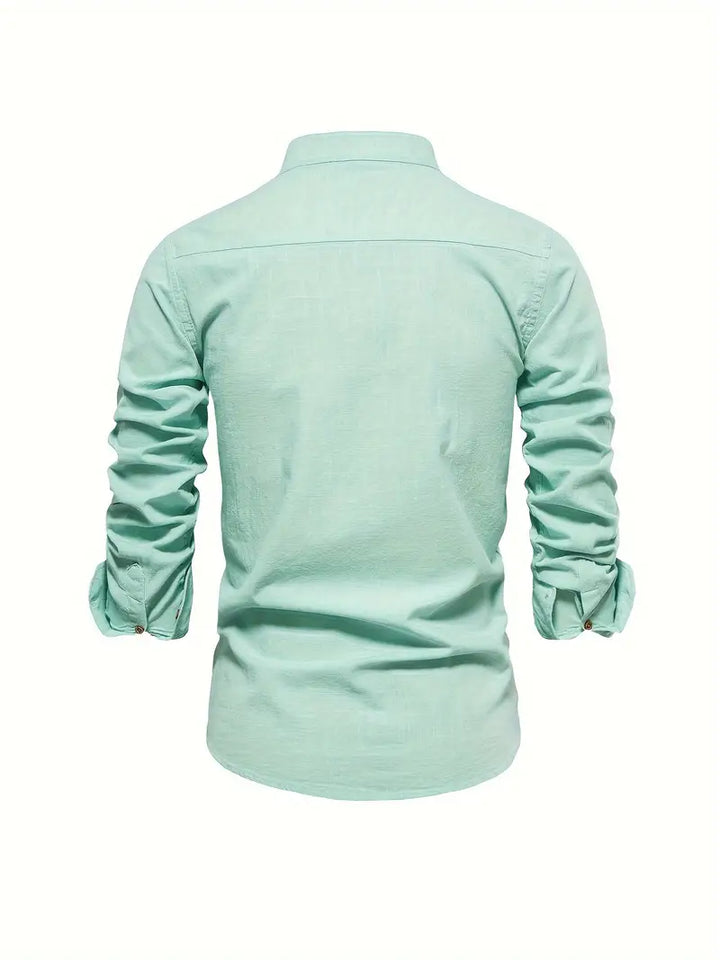 Close-up of the button-up detail on a men's Oliver Collection shirt.