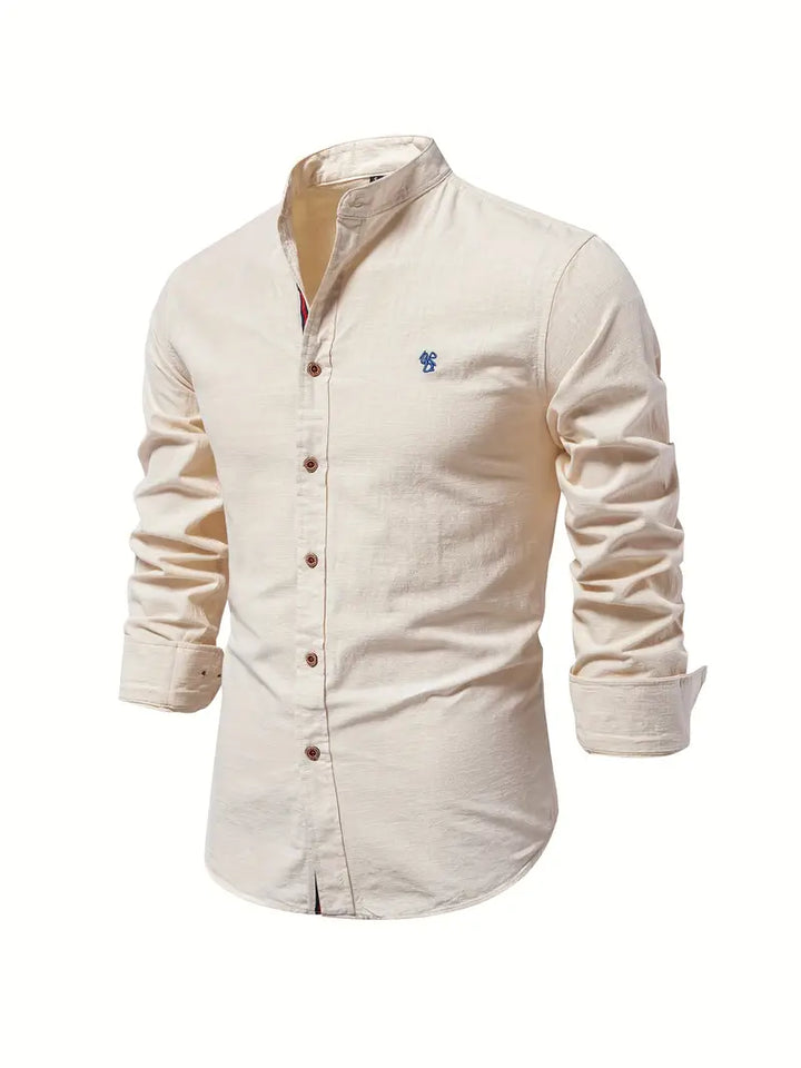 Model wearing the Oliver Collection men's long sleeve button-up shirt.