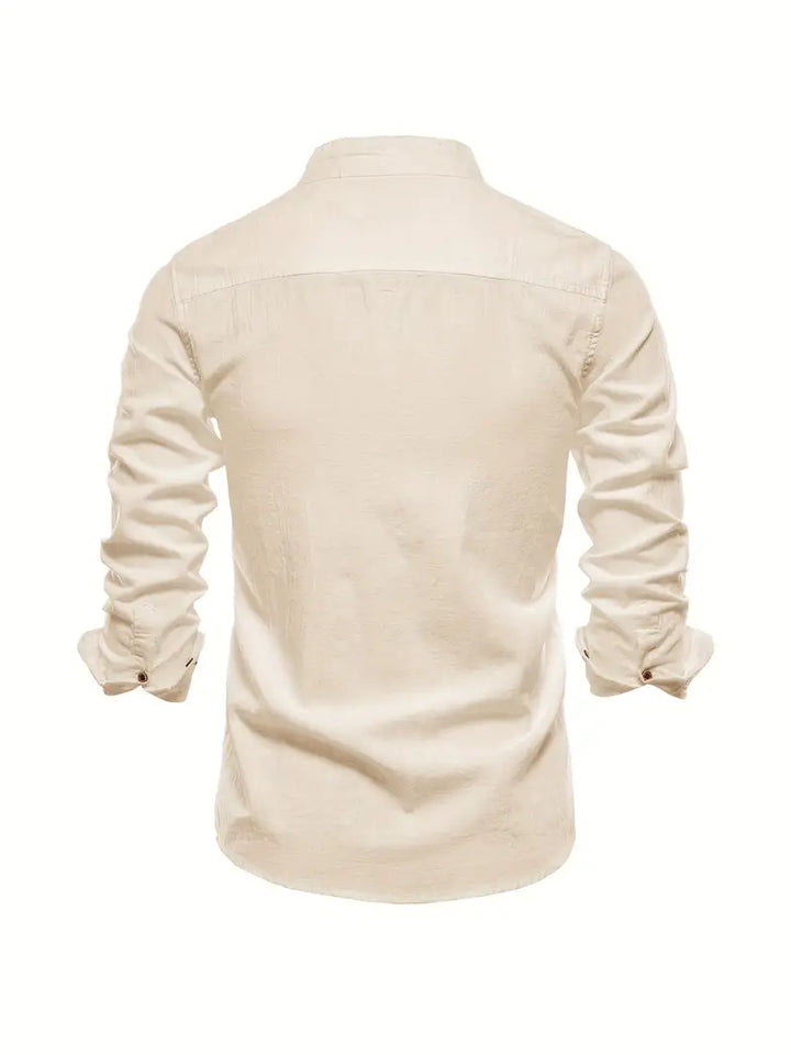 Front view of a crisp men's casual button-up shirt in navy blue.