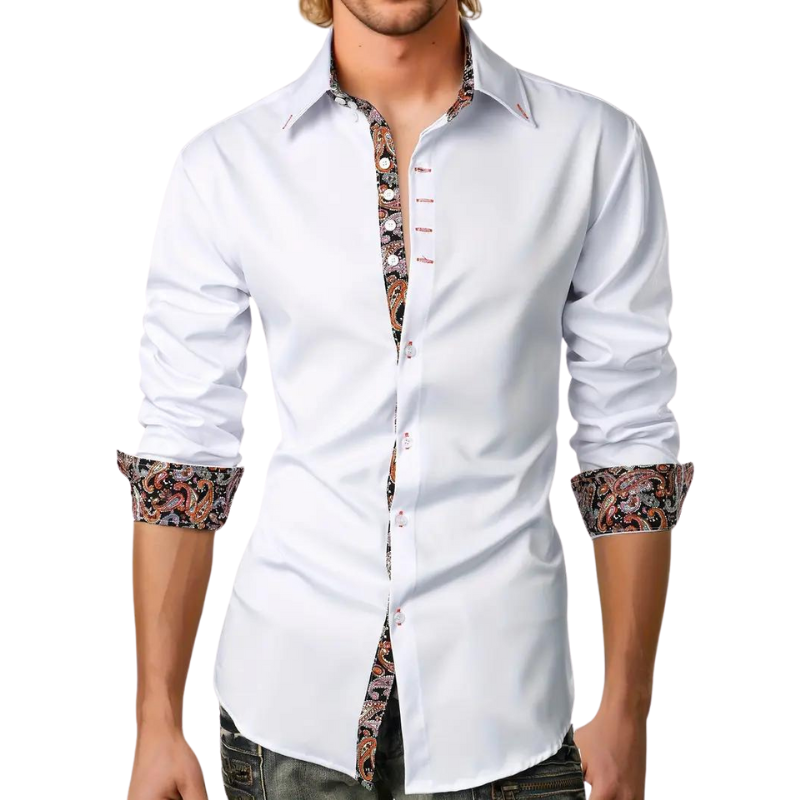Tailored men's long sleeve dress shirt. Modern style with subtle printed trim for versatile fashion.