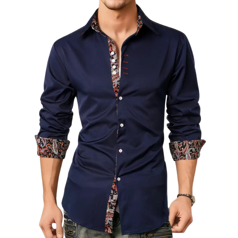 Modern men's long sleeve button-up shirt, tailored fit, featuring a unique hidden print trim design.