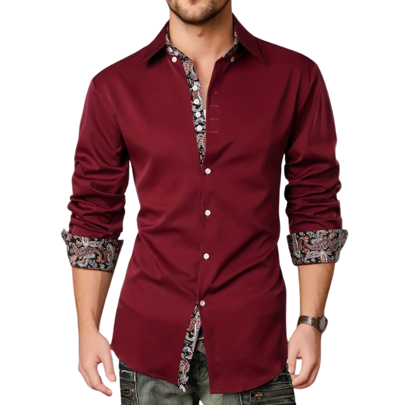 Versatile men's fashion shirt, button-up style with smart casual appeal & unique printed cuff/collar trim.