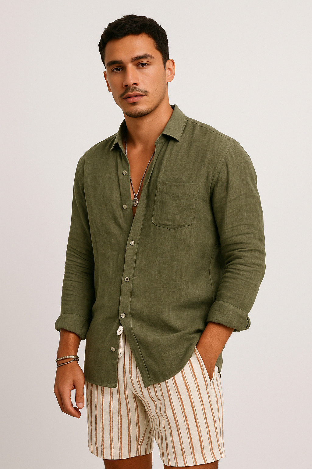 Classic white men's long sleeve casual button-up shirt, ideal for stylish everyday fashion.