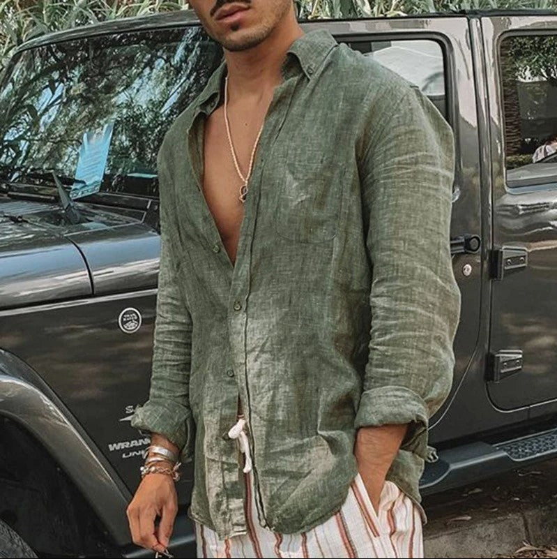 Men's fashionable button-up long sleeve casual shirt, designed for comfort and everyday style.
