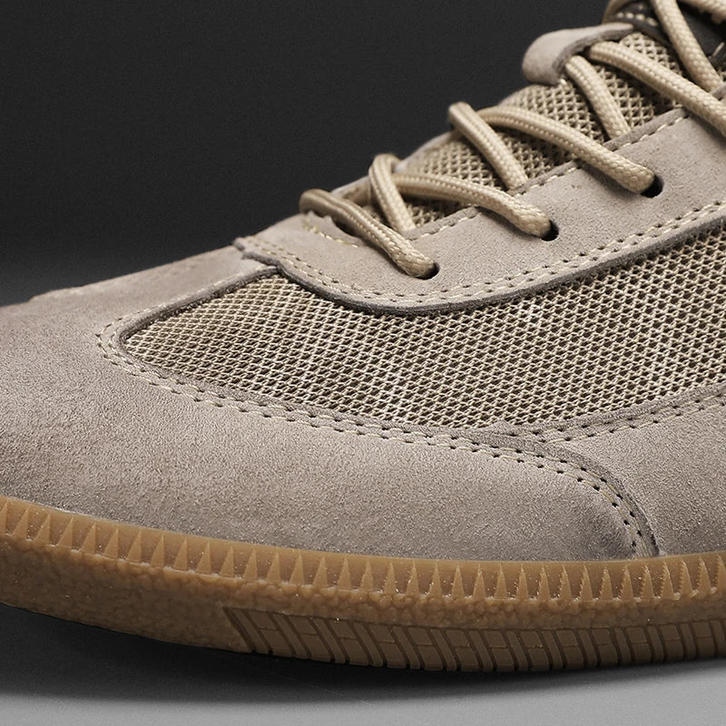 Stylish gray & khaki men's casual shoes. Comfortable lace-up sneakers with enhanced grip for everyday fashion.