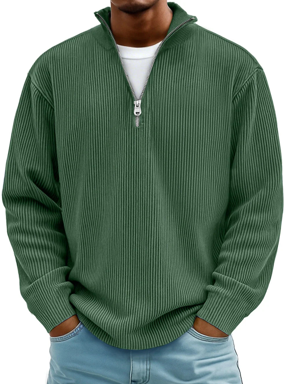 Close-up of a stylish men's casual half-zip sweater with distinct ribbed knit texture. Men's fashion.
