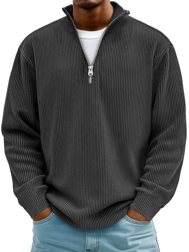 Men's half-zip ribbed sweater for stylish casual wear. A comfortable long sleeve pullover for men.