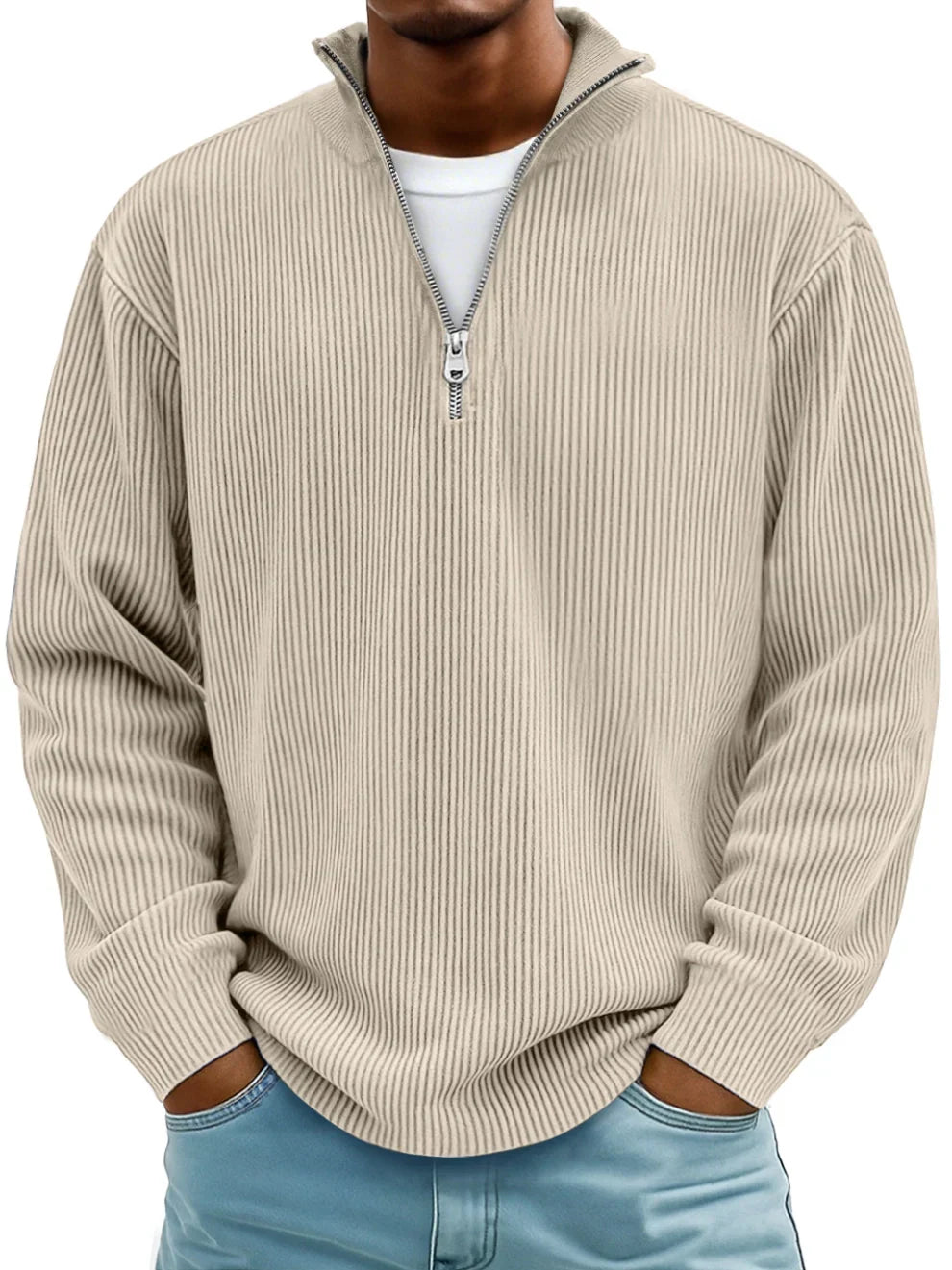 Men's stylish casual half-zip ribbed sweater. Long sleeve pullover for everyday fashion.
