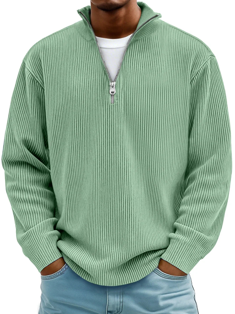Textured ribbed knit men's half-zip sweater. A stylish and comfortable casual long sleeve pullover.