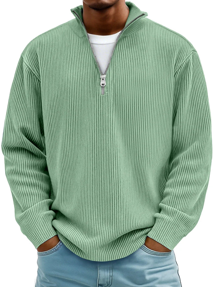 Textured ribbed knit men's half-zip sweater. A stylish and comfortable casual long sleeve pullover.