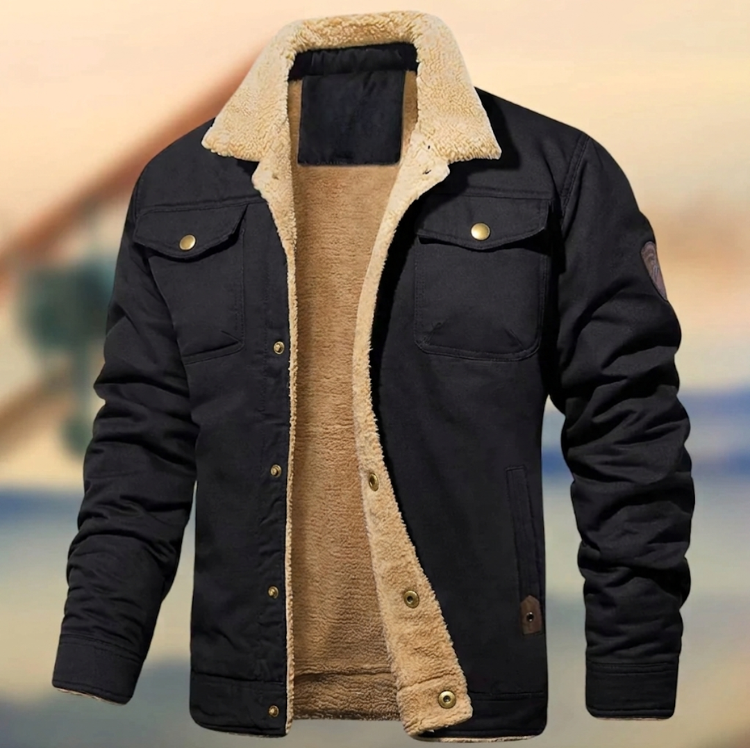 Front view of men's button-down casual jacket, featuring a plush sherpa collar for warmth & style.