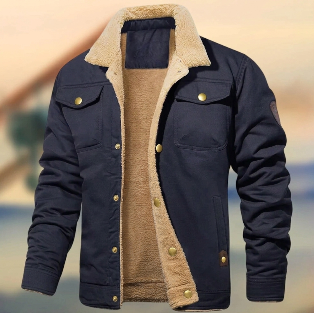 Modern men's fall/winter layering jacket with a cozy sherpa collar; ideal stylish casual outerwear.