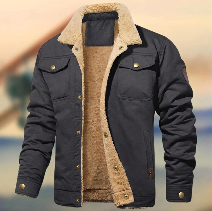 Close-up of a men's stylish sherpa collar jacket, showcasing fabric texture and button details.
