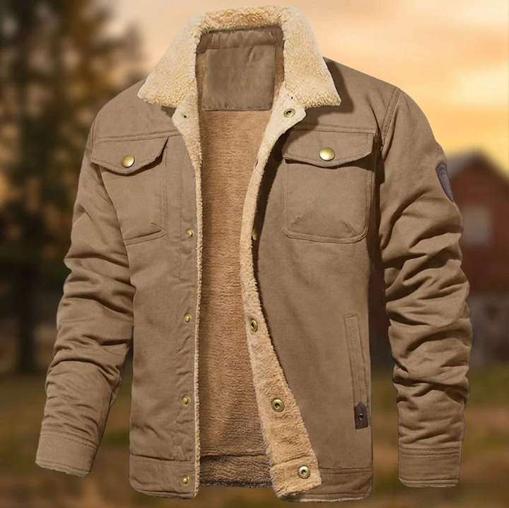 Man modeling a versatile men's casual sherpa collar jacket, great for everyday style & warmth.