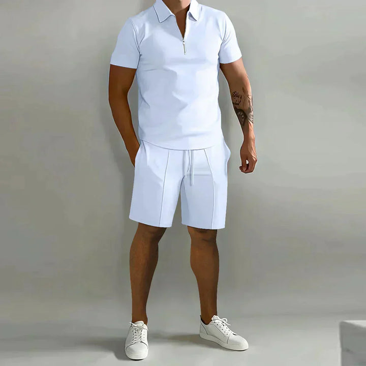 Stylish men's short-sleeve polo shirt and casual shorts co-ord set. A comfortable two-piece for men's summer fashion.
