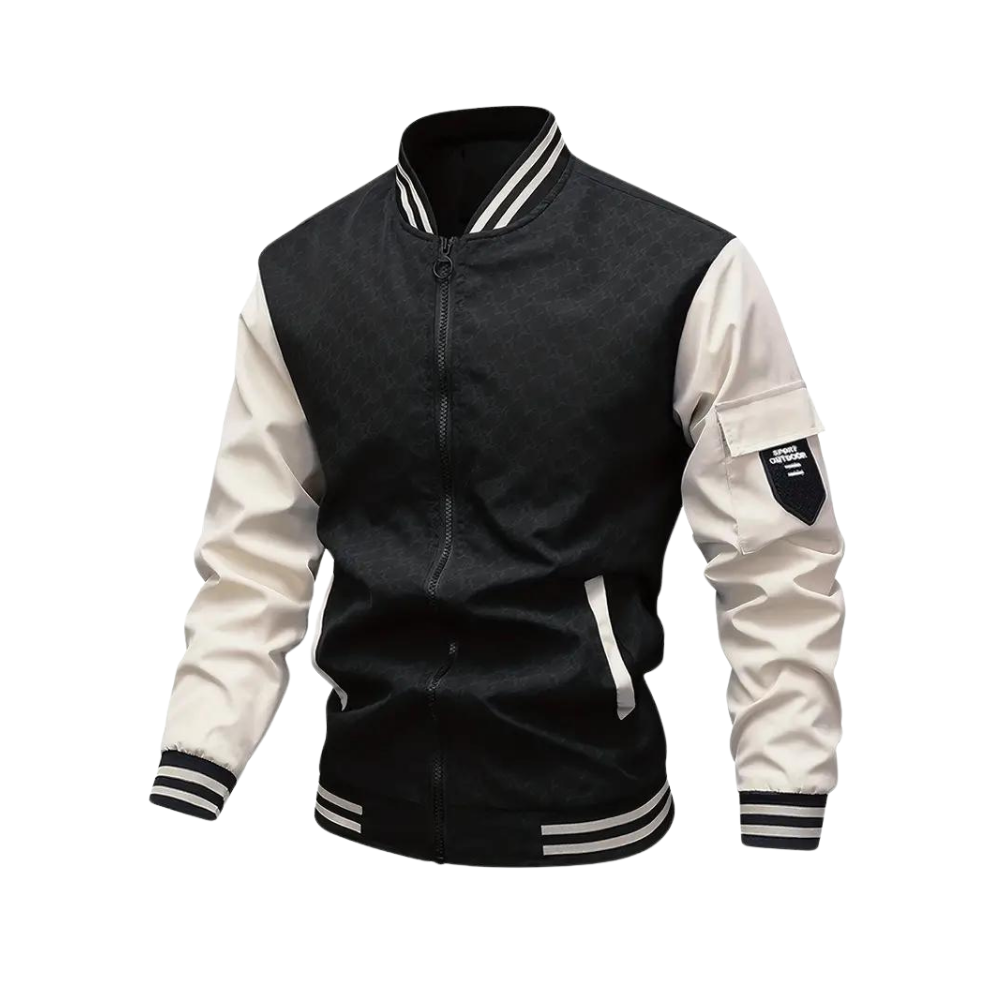Close-up of a men's zip-up casual bomber jacket, showcasing its slim-fit design & quality.