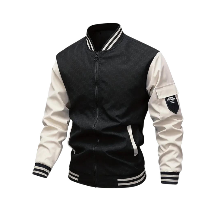 Close-up of a men's zip-up casual bomber jacket, showcasing its slim-fit design & quality.