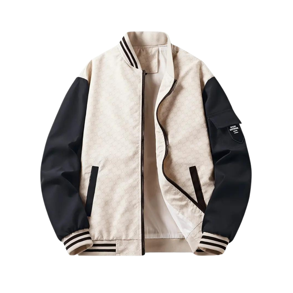 Man wearing a trendy slim-fit casual baseball jacket, a stylish & versatile choice for men's fashion.