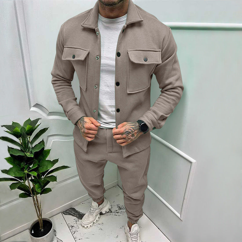 Elevated men's casual wear: a smart long-sleeve shirt and coordinating trousers set, stylish and comfy.