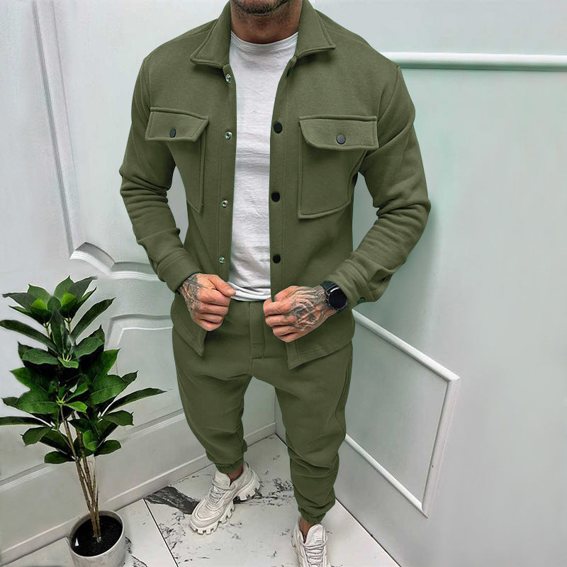 Comfortable men's two-piece casual outfit set with smart shirt & trousers, ideal for daily wear.