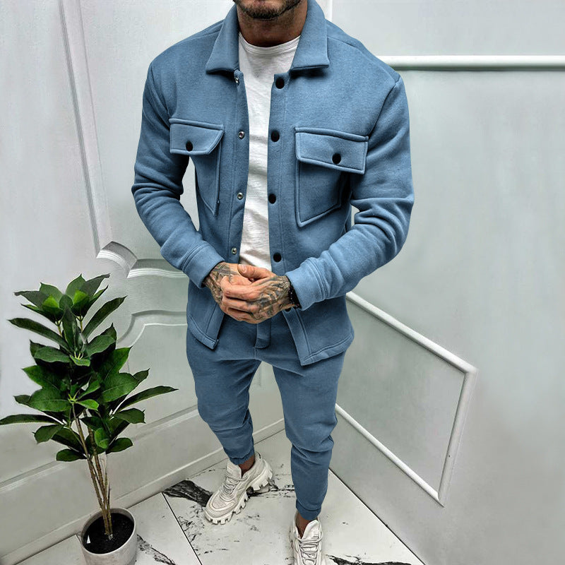 Lightweight men's smart casual matching set: long-sleeve shirt & comfortable trousers for everyday style.