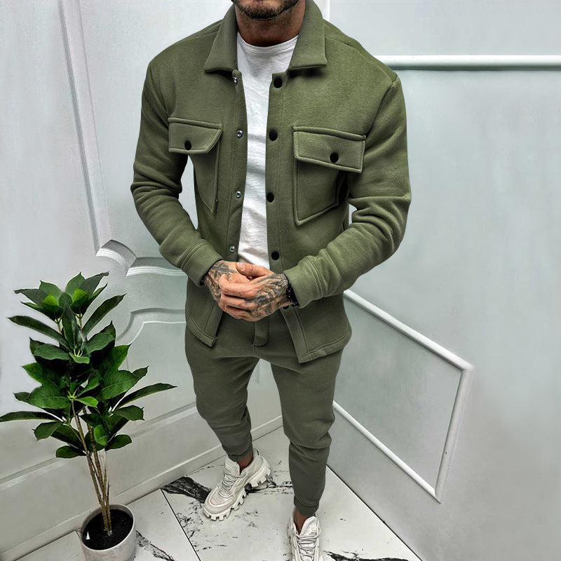 Full body shot of a men's stylish two-piece casual smart outfit set: shirt & trousers, ready for any day.