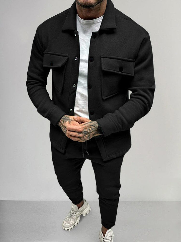 Men's fashion two-piece set: comfortable smart casual shirt & trousers outfit for stylish men.