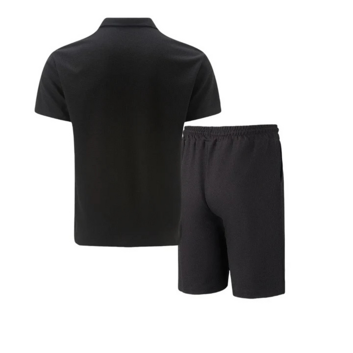 Trendy men's summer set: relaxed fit polo shirt & drawstring shorts. Great for travel and everyday fashion.