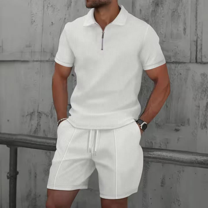 Men's fashion co-ord set featuring a zip polo & drawstring shorts. Perfect two-piece for casual summer days.