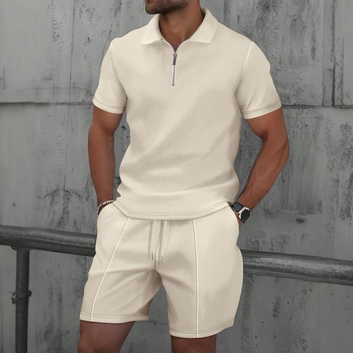 Stylish men's polo shorts set. Relaxed fit summer outfit for casual wear, travel, or vacation.
