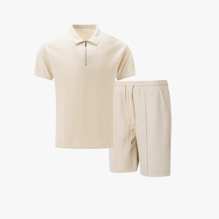 Modern men's two-piece: zip polo shirt & drawstring shorts. Comfortable summer fashion and casual wear.